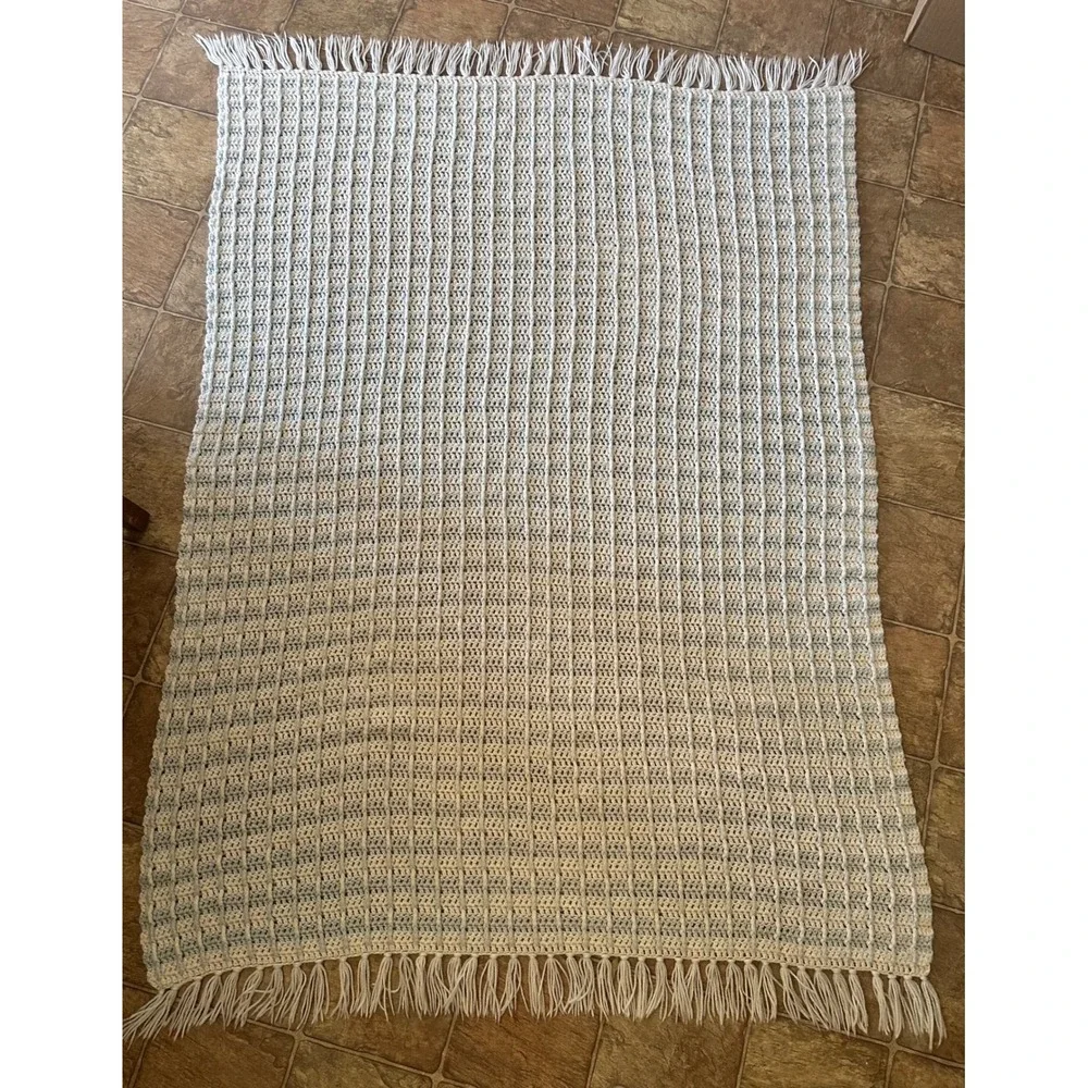 Handmade Crochet Baby Blanket Light Blue White Waffle Stitch Fringe Afghan 40x54